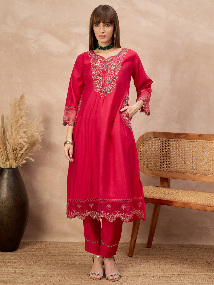 Rose Pure Cotton Beads & Stone Embroidered With Buttons A-Line Kurta Trouser With Printed Dupatta