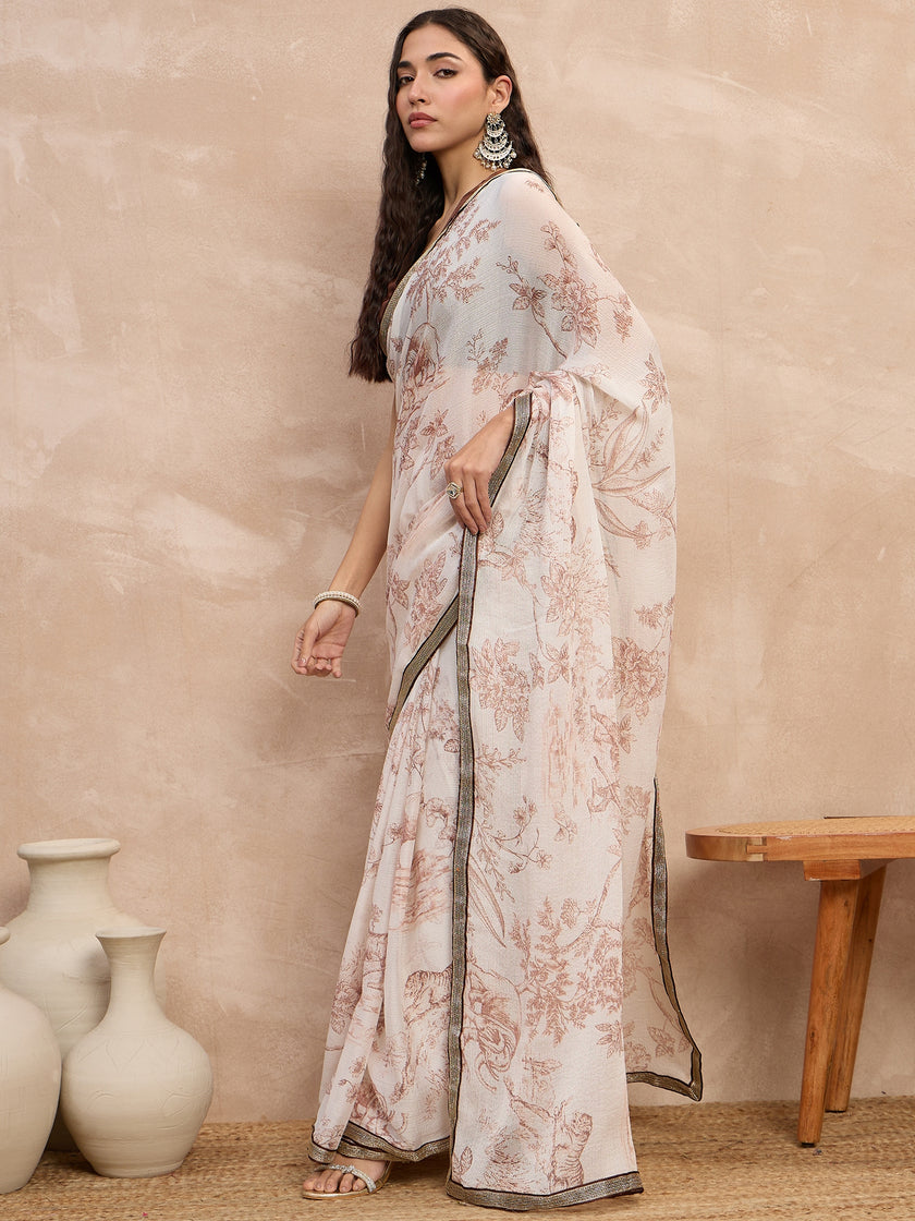 Off-White Pure Chiffon Digital Print With Embellished Lace Saree with Unstitched Blouse