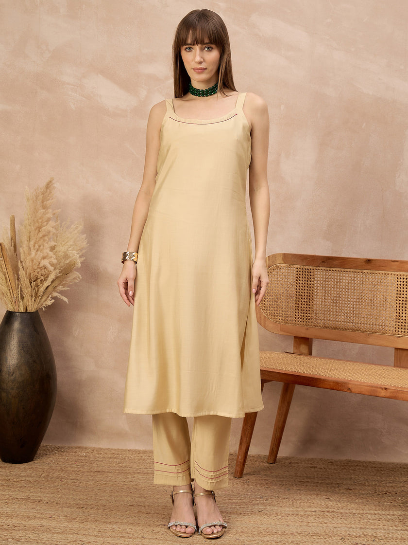 Beige Pure Cotton Solid A-Line Kurta Trouser With Floral & Mirror Embroidered Shrug