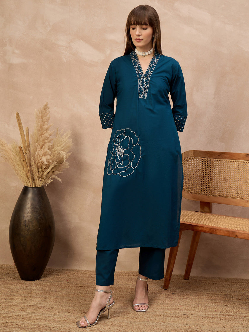 Blue Pure Cotton Floral Embroidered A-Line Kurta Trouser With Dupatta