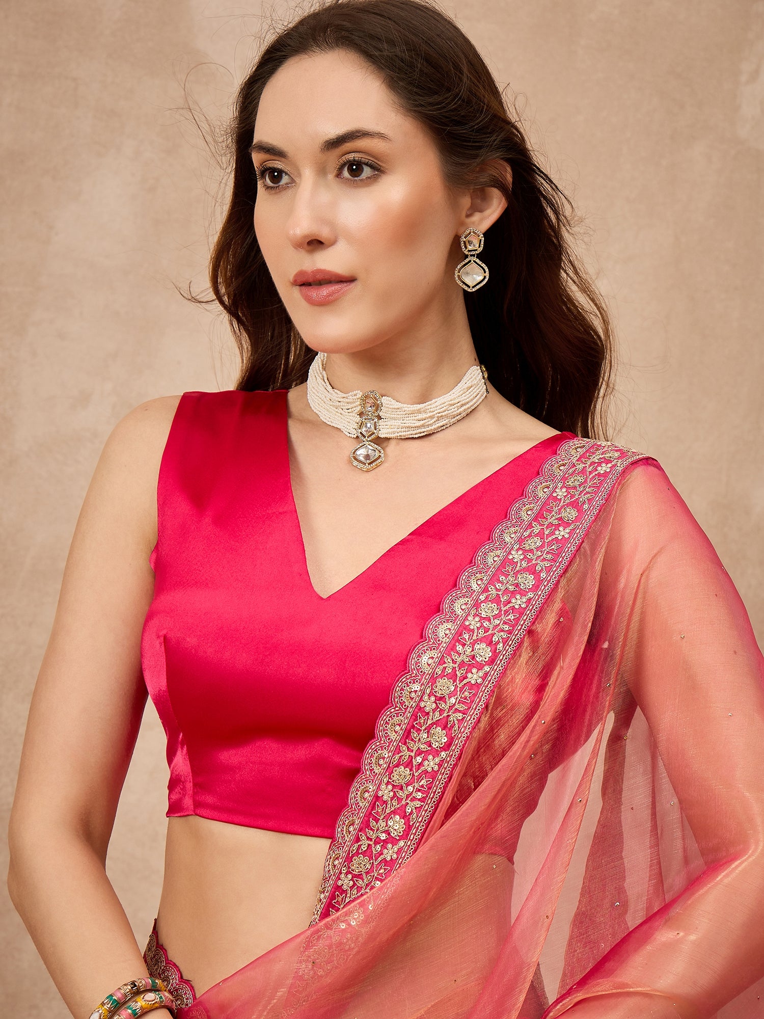 Pink  Organza Solid with Coding Border Saree with Unstitched Blouse