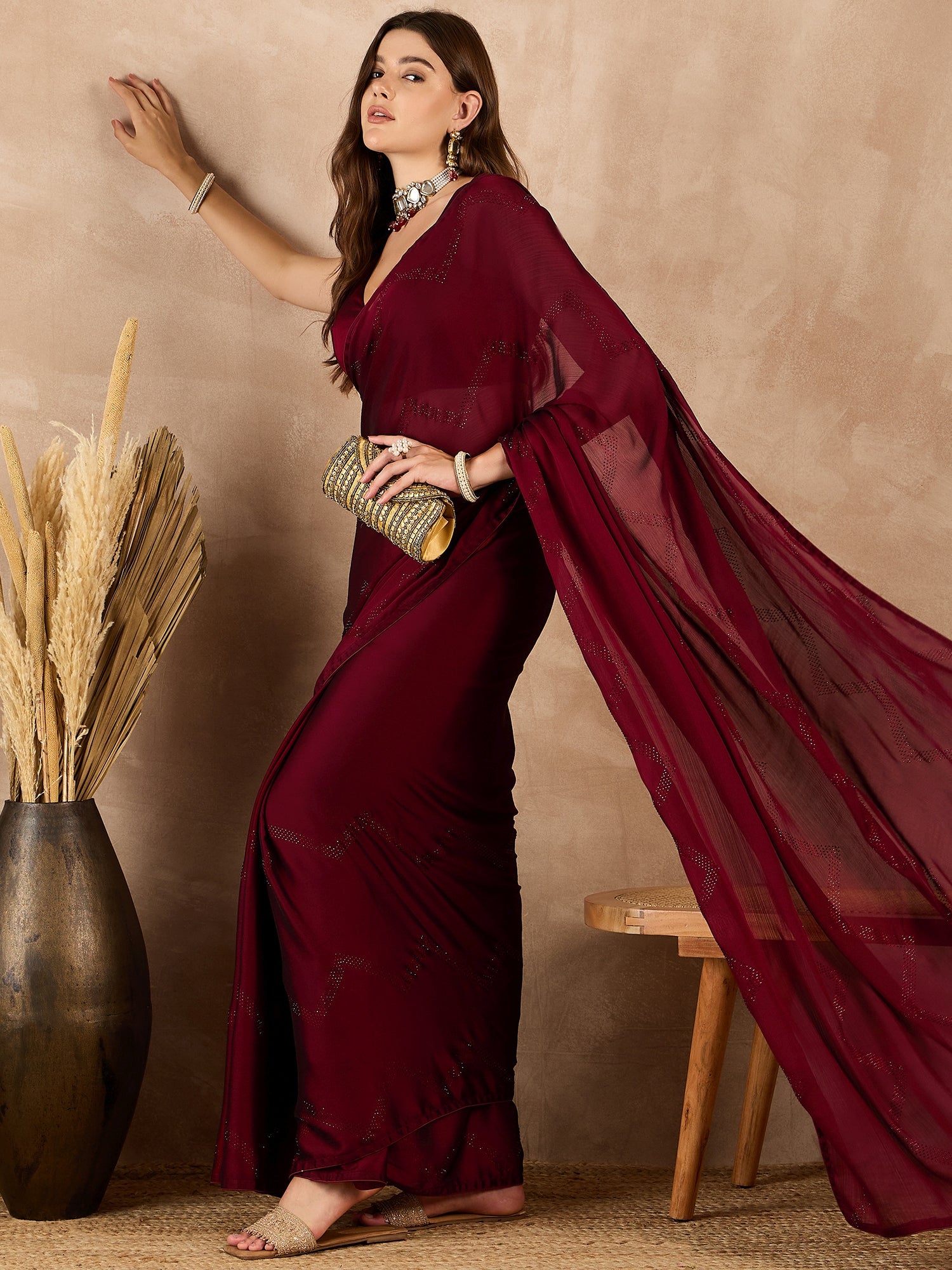 Maroon Satin Solid With Stone Work Border Saree with Unstitched Fancy Blouse