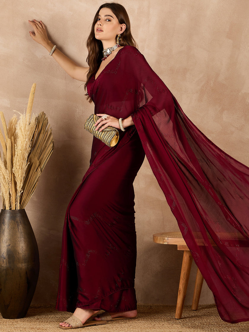 Maroon Satin Solid With Stone Work Border Saree with Unstitched Fancy Blouse