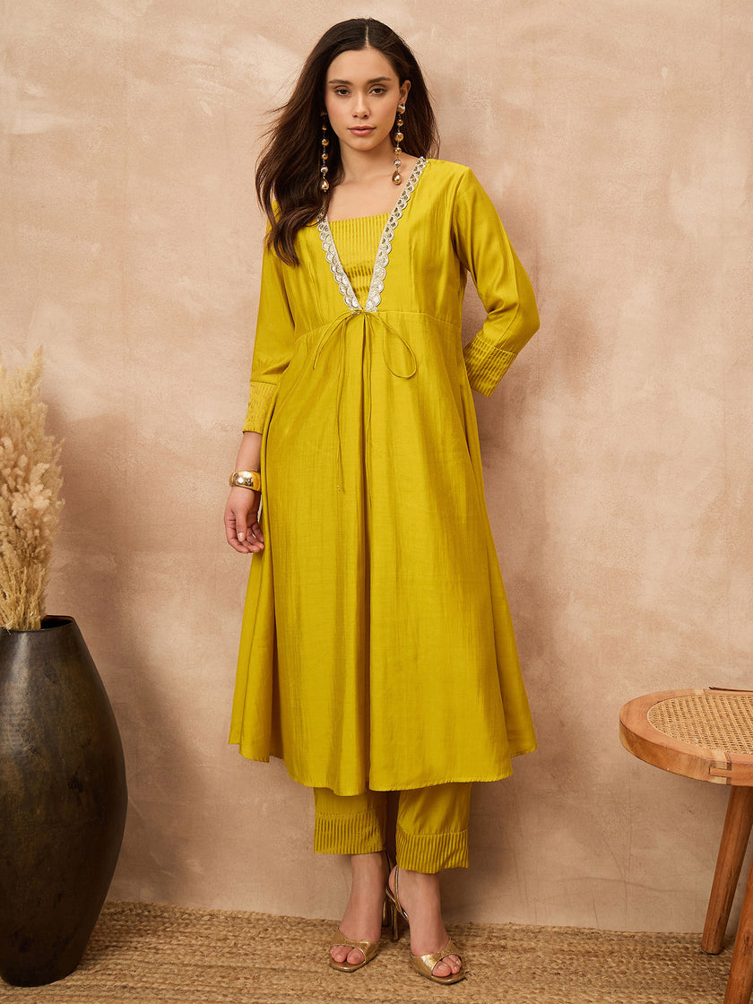 Yellow Silk Blend Solid A-Line Kurta Trouser