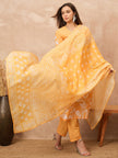 Mustard Silk Blend Printed A-Line Kurta Trouser with Dupatta