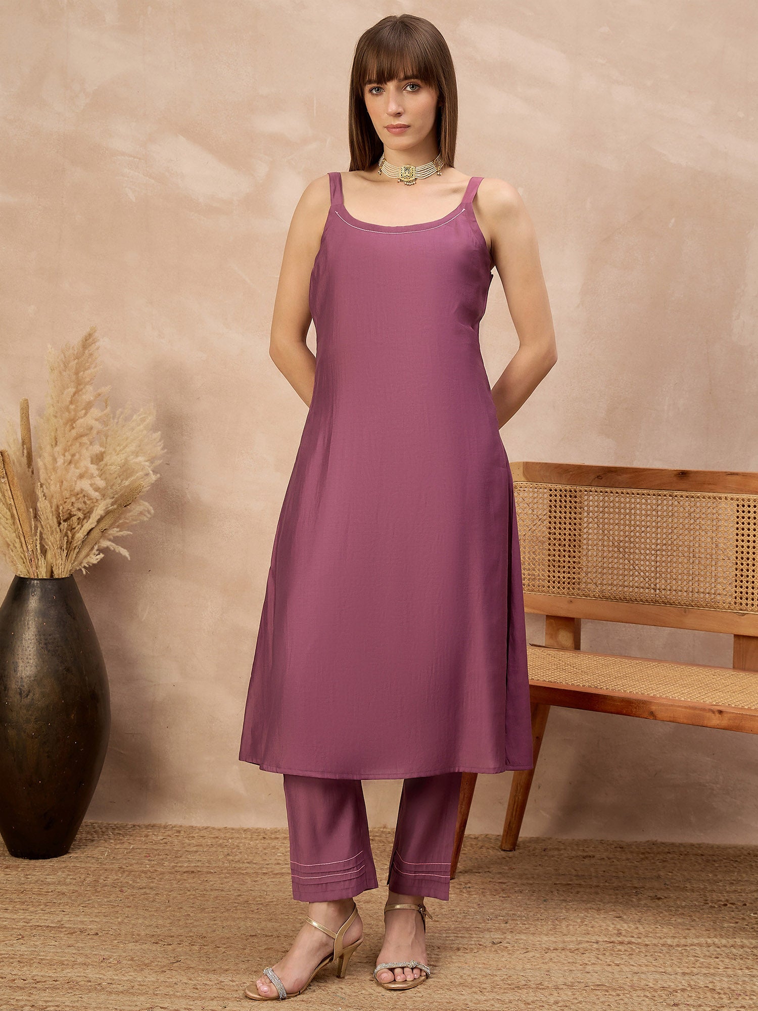 Purple Pure Cotton Solid A-Line Kurta Trouser With Floral & Mirror Embroidered Shrug