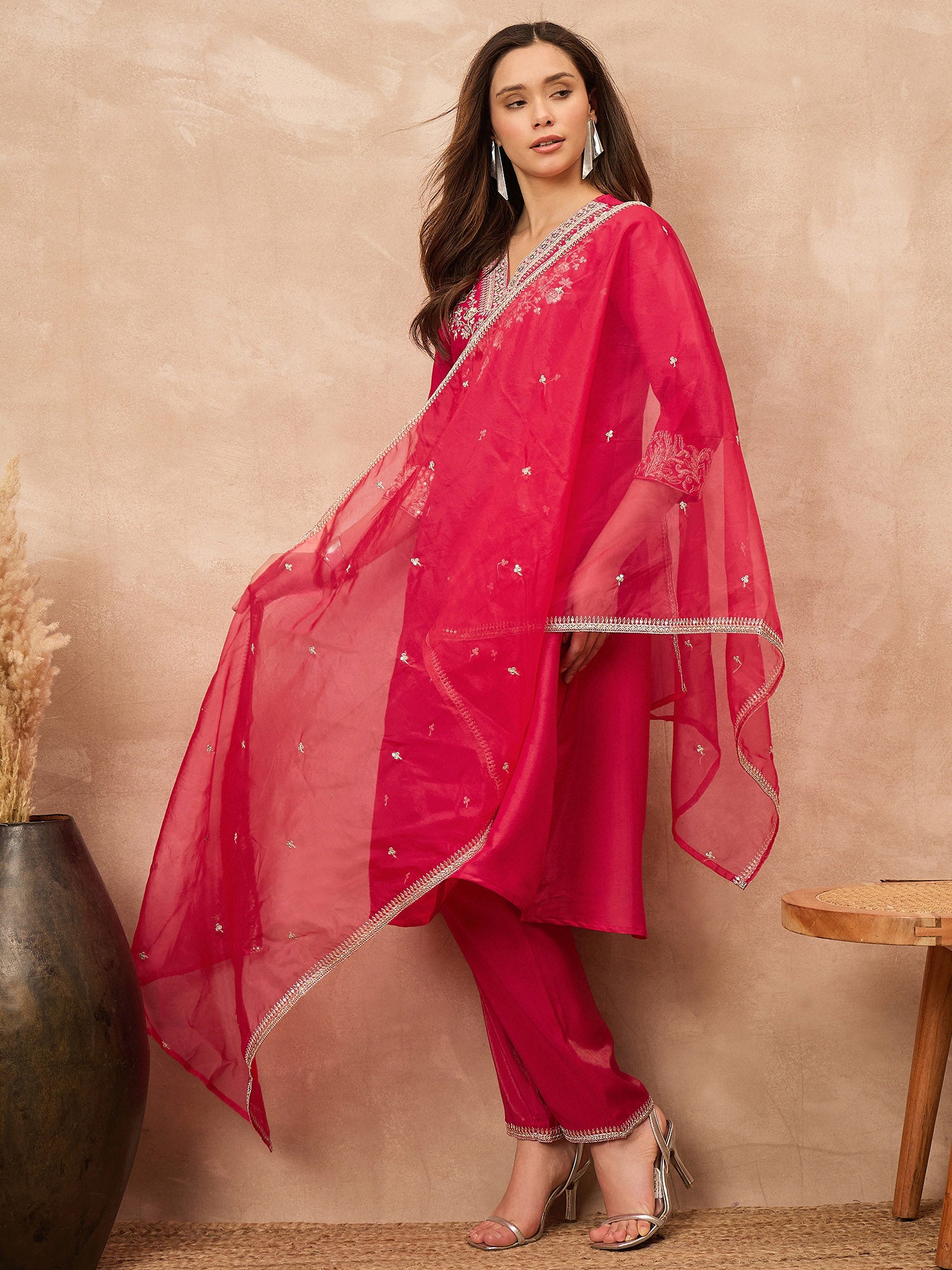 Rose Chanderi Silk Solid A-Line Kurta Trouser with Dupatta