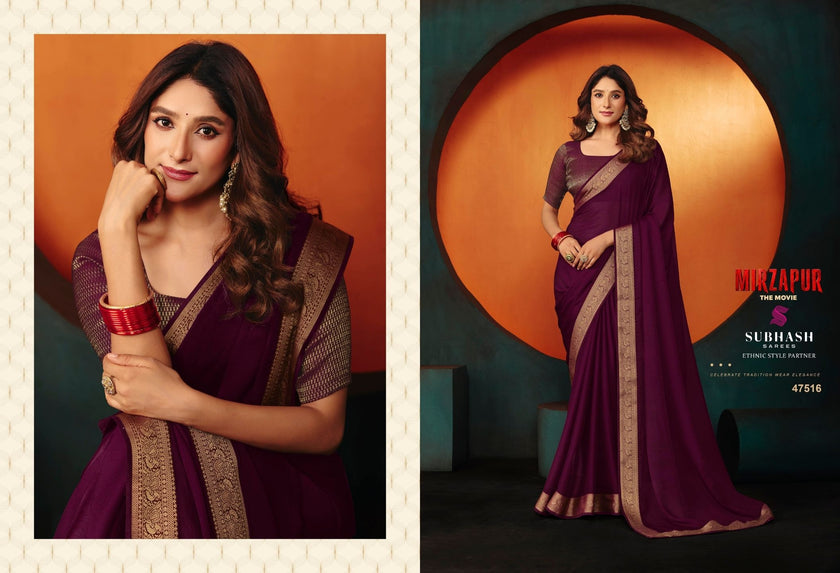 Rani - Mirzapur Special : Soild Sai Chiffon Saree with Gold Jari Border & Designer Blouse