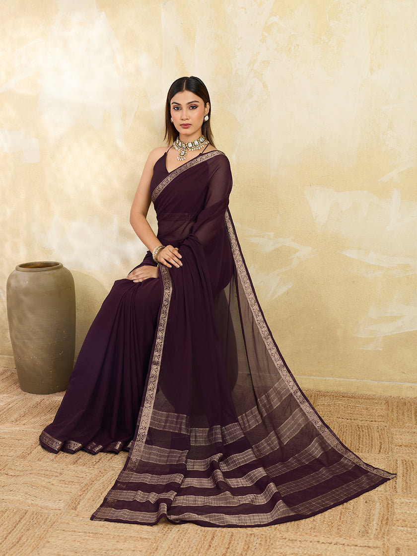 Brown Silk Blend Solid Saree With Zari Border & Unstitched Blouse Featured In Mirzapur