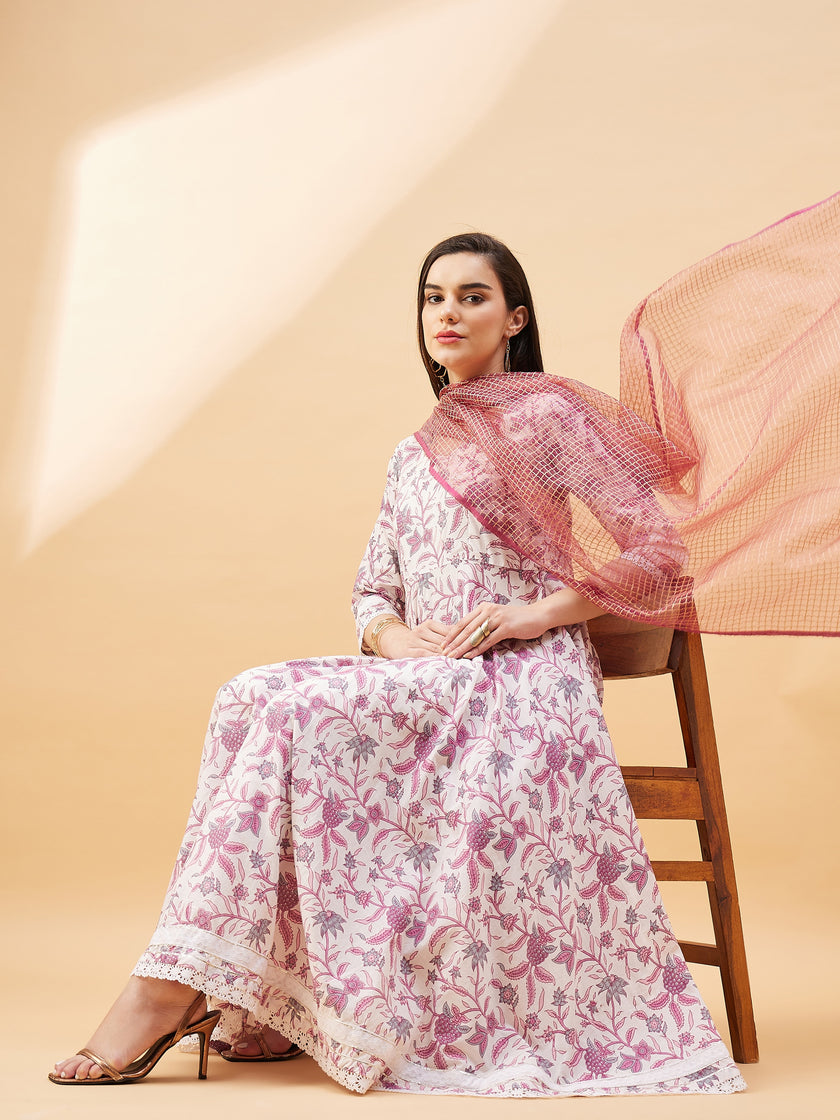 White  Pure Cotton  Printed  Anarkali Kurta  Trouser