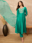 Green Chanderi Silk Solid A-Line Kurta Trouser with Dupatta