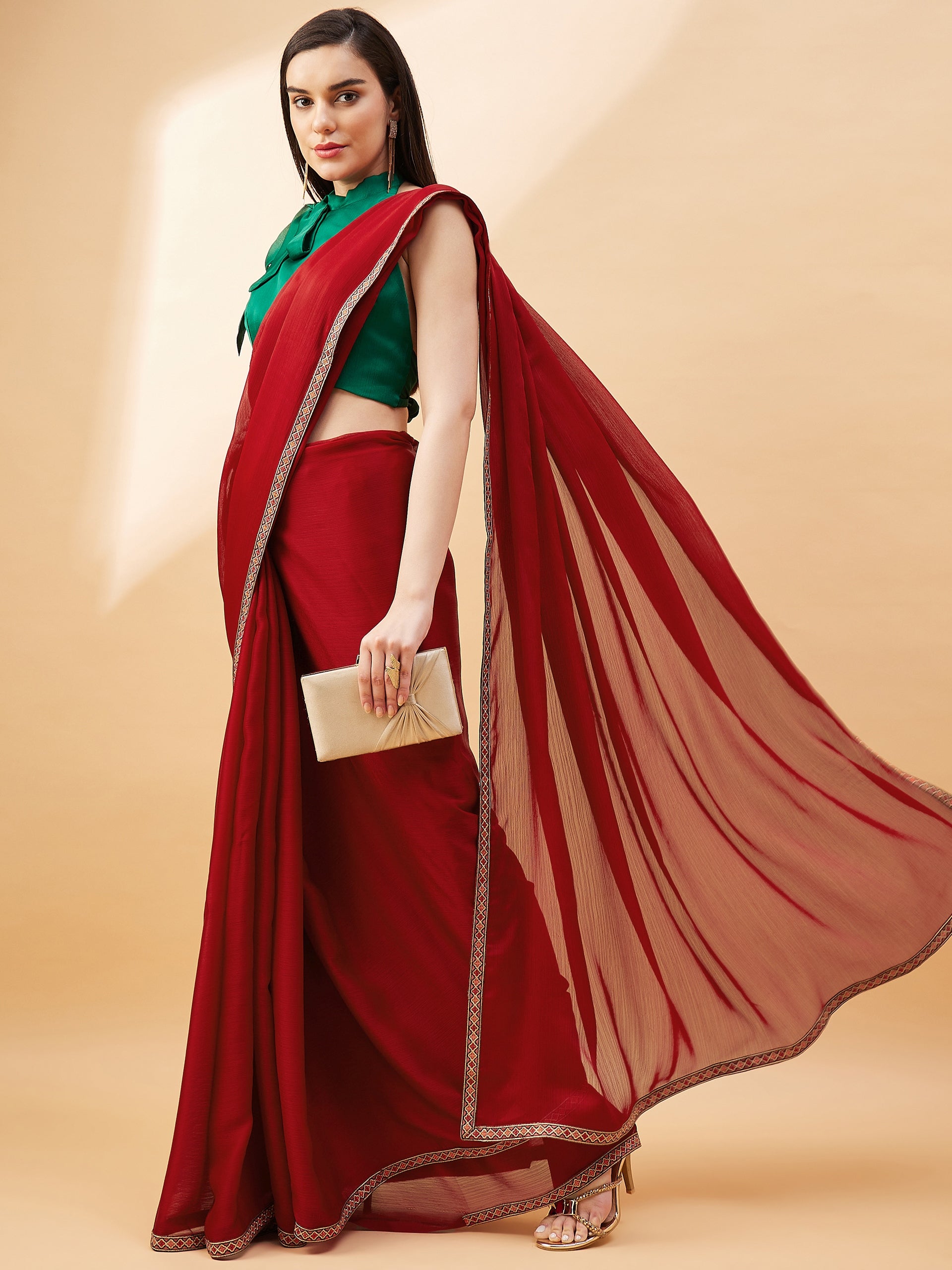 Maroon Satin Solid with Embllished Border Saree with Unstitched Fancy Blouse