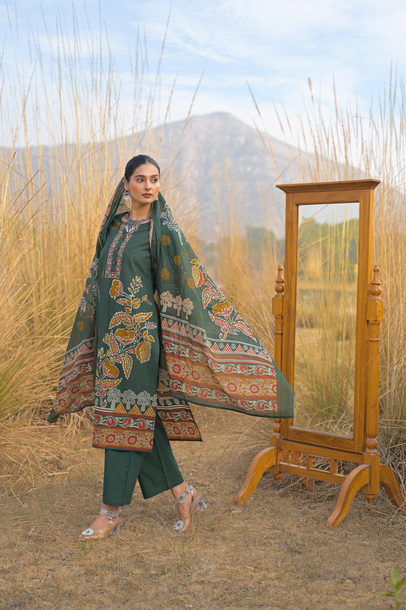 Green Pure Cotton Ajrakh Printed A-Line Kurta Trouser With Dupatta