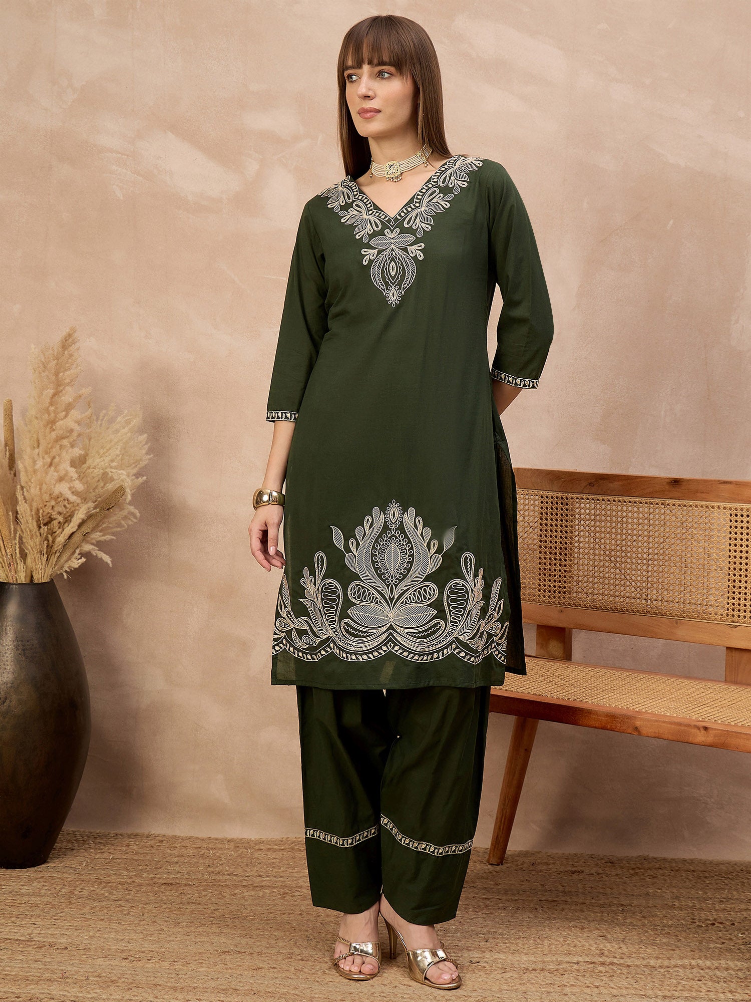 Green Pure Cotton Embroidered A-Line Kurta Trouser With Embroidered Dupatta