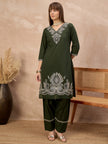 Green Pure Cotton Embroidered A-Line Kurta Trouser With Embroidered Dupatta
