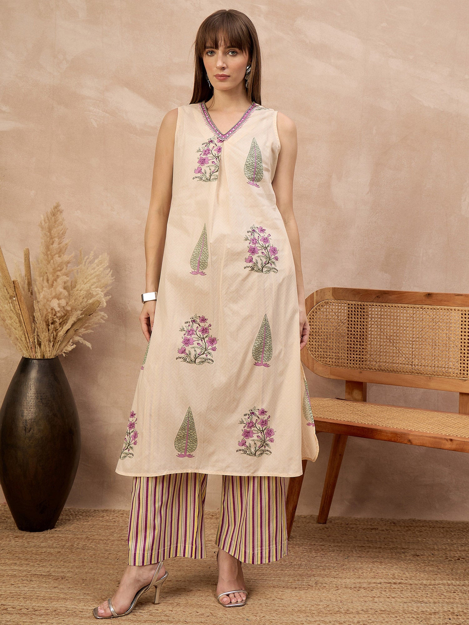 Multi Pure Cotton Floral Printed A-Line Sleeveless Kurta Trouser With Printed Dupatta