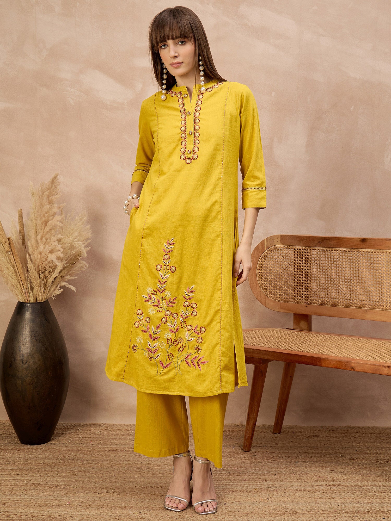Yellow Pure Cotton Floral Embroidered With Buttons A-Line Kurta Trouser With Dupatta