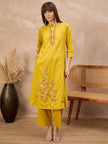 Yellow Pure Cotton Floral Embroidered With Buttons A-Line Kurta Trouser With Dupatta