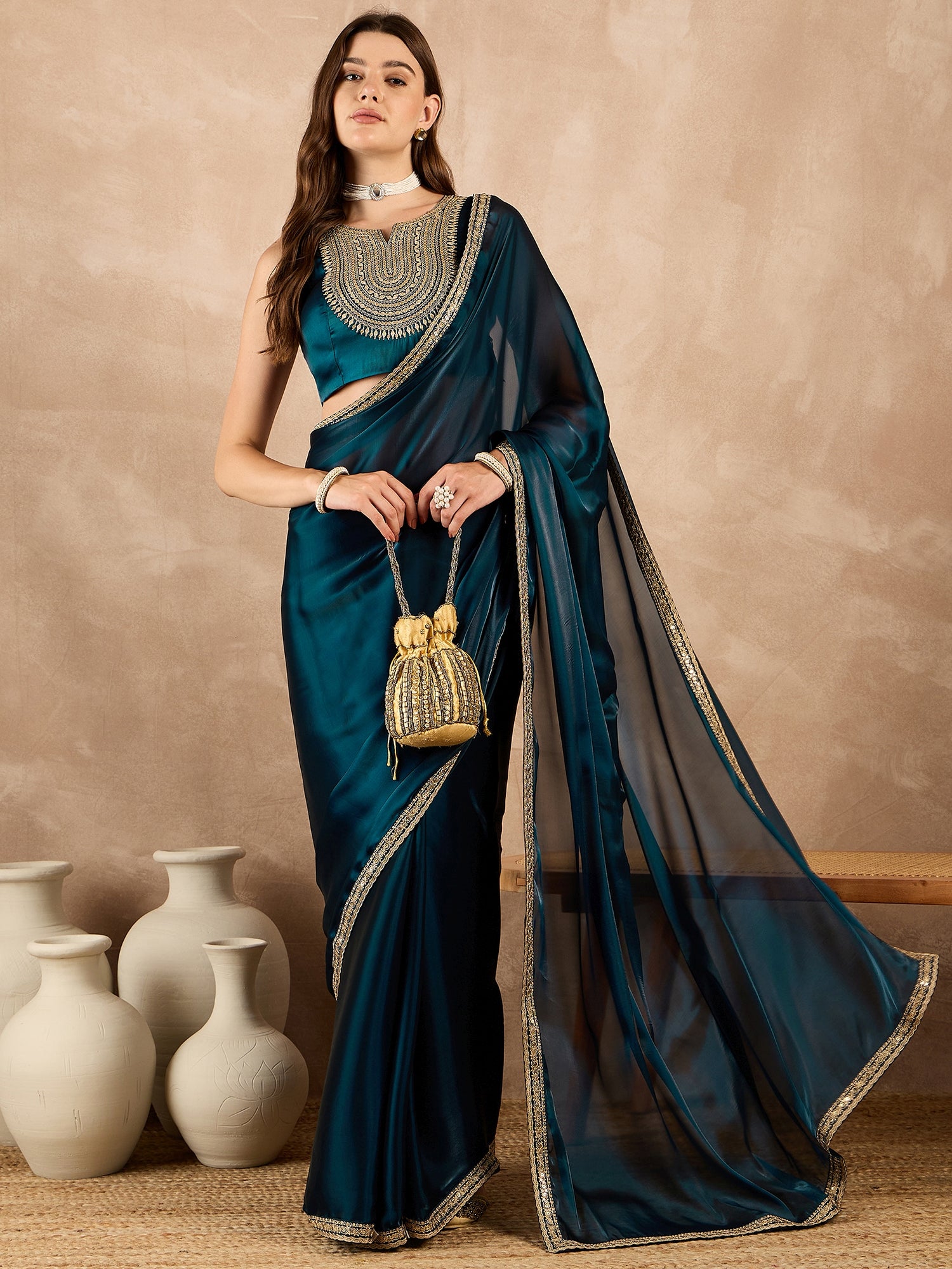 Blue Satin Solid With Sequenced Border Saree with Unstitched Fancy Blouse