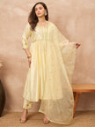 Cream Satin Solid A-Line Kurta Trouser with Dupatta