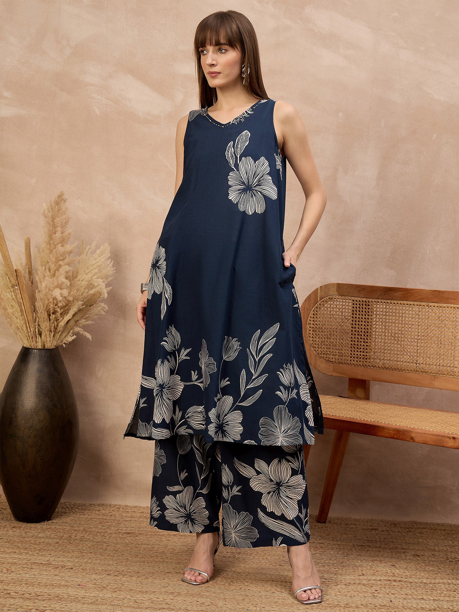 Blue Pure Cotton Floral Printed A-Line Sleeveless Kurta Trouser With Printed Dupatta