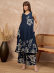 Blue Pure Cotton Floral Printed A-Line Sleeveless Kurta Trouser With Printed Dupatta