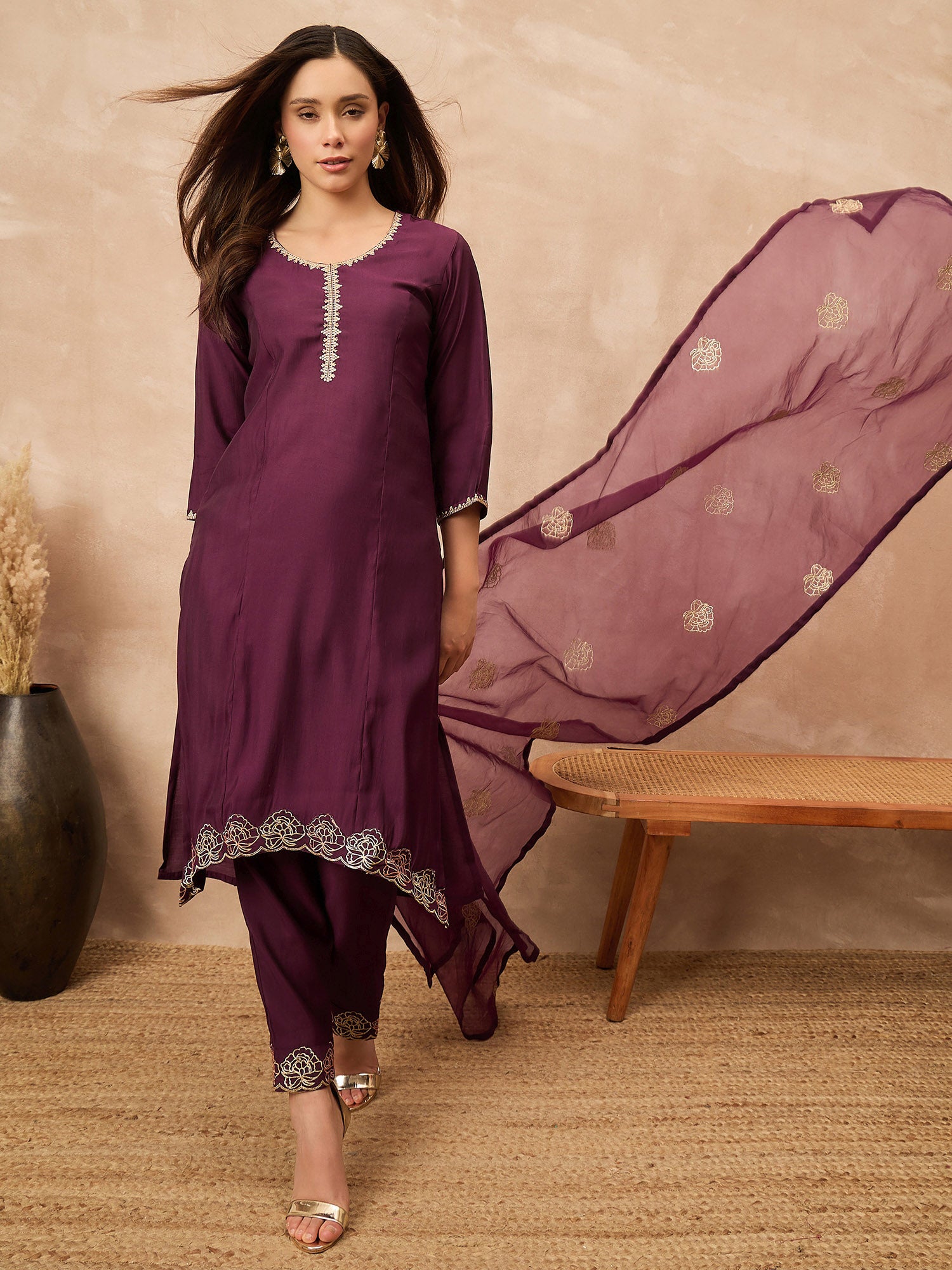 Purple Chanderi Silk Solid A-Line Kurta Trouser with Dupatta