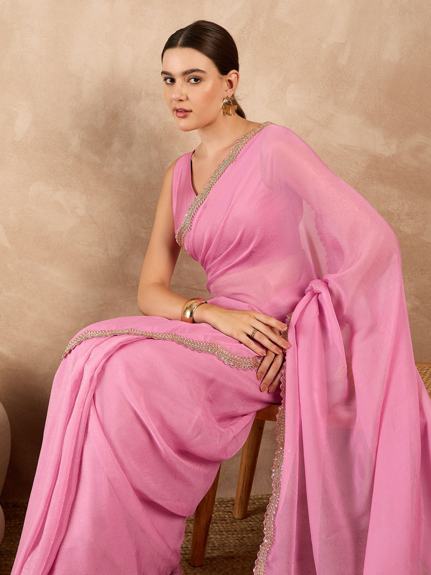 Pink  Organza Solid With Embroidered Border Saree with Unstitched Fancy Blouse