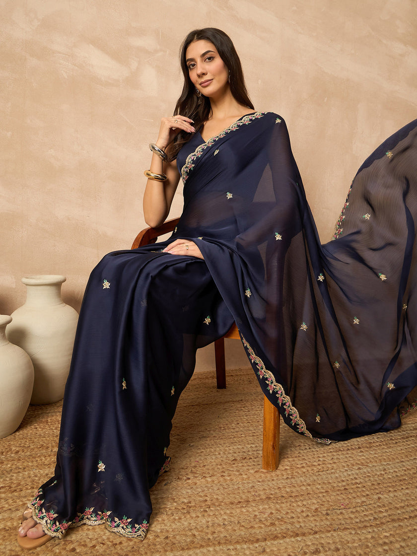 Blue Poly Chiffon Solid With Embroidered Border Saree with Unstitched Blouse