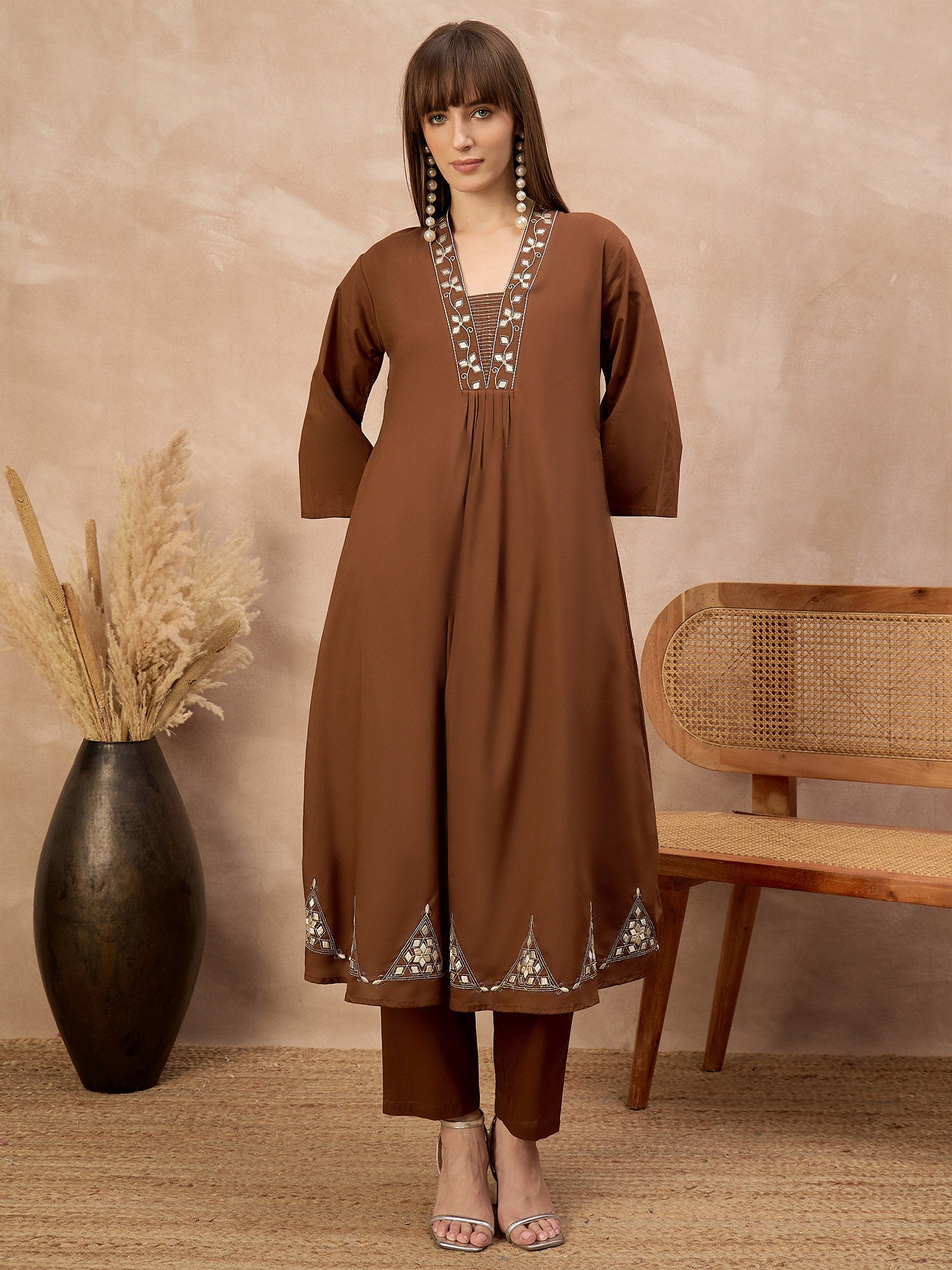 Brown Pure Cotton Geometric Embroidered A-Line Kurta Trouser With Dupatta