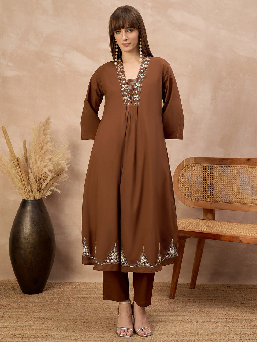 Brown Pure Cotton Geometric Embroidered A-Line Kurta Trouser With Dupatta