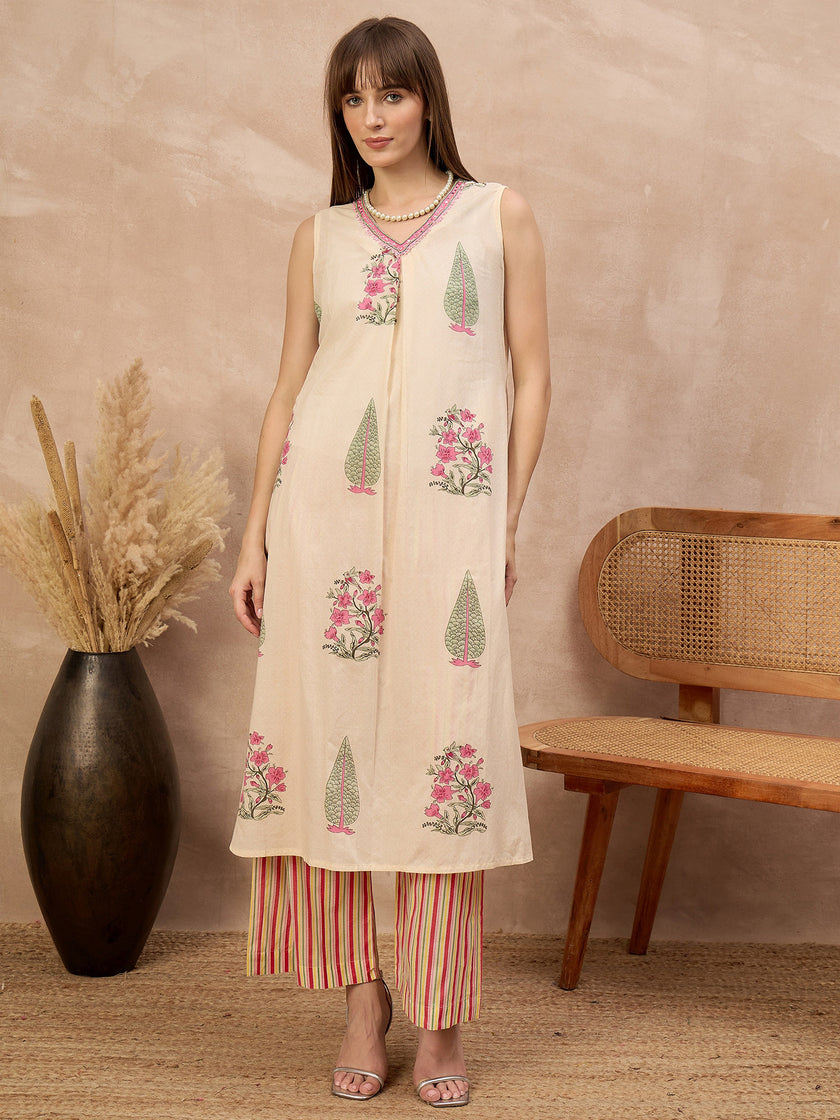 Multi Pure Cotton Floral Printed A-Line Sleeveless Kurta Trouser With Printed Dupatta