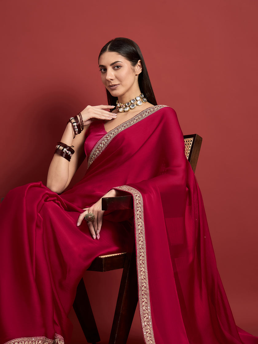 Pink  Satin Solid With Embroidered Border Saree with Unstitched Fancy Blouse