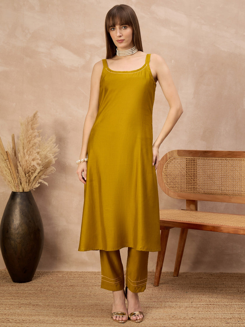 Mustard Pure Cotton Solid A-Line Kurta Trouser With Floral & Mirror Embroidered Shrug