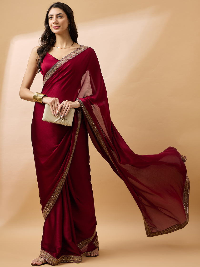 Maroon Satin Solid with Embroidered Lace Saree with Unstitched Fancy Blouse