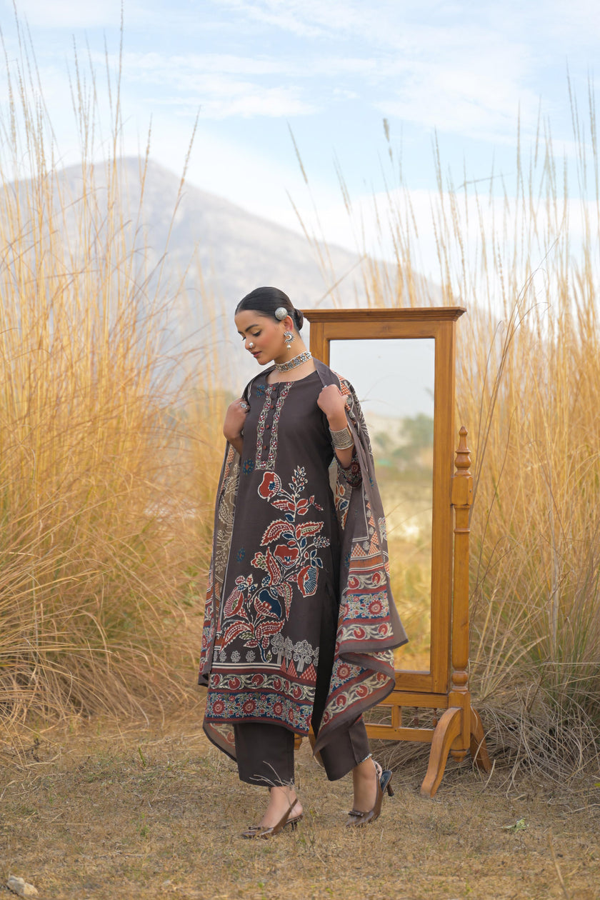 Brown Pure Cotton Ajrakh Printed A-Line Kurta Trouser With Dupatta