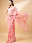 Baby Pink Pure Chiffon Zigzag Pleated Crush Print With Embellished Lace Saree with Unstitched Fancy Blouse