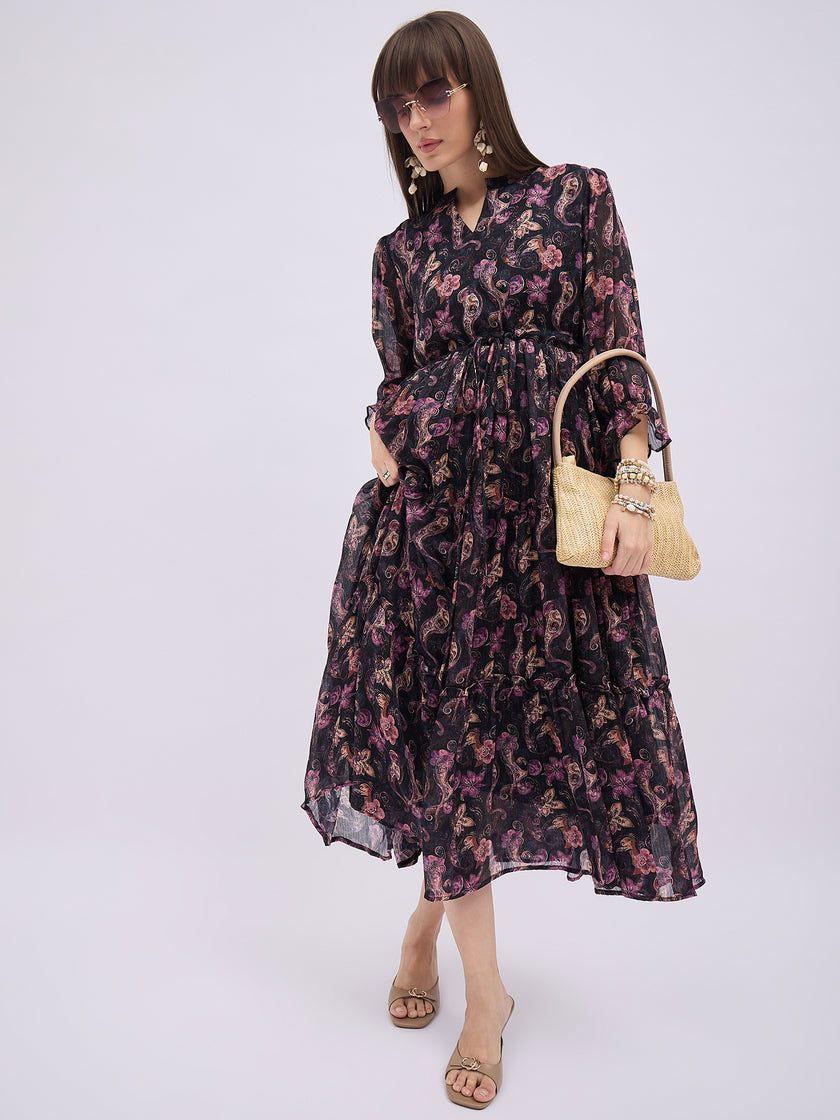 Multi Polyester Printed Fit and Flare Dress