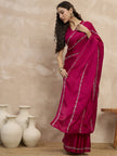 Magenta Satin Stripped Silver Jari Work  Saree with Unstitched Blouse