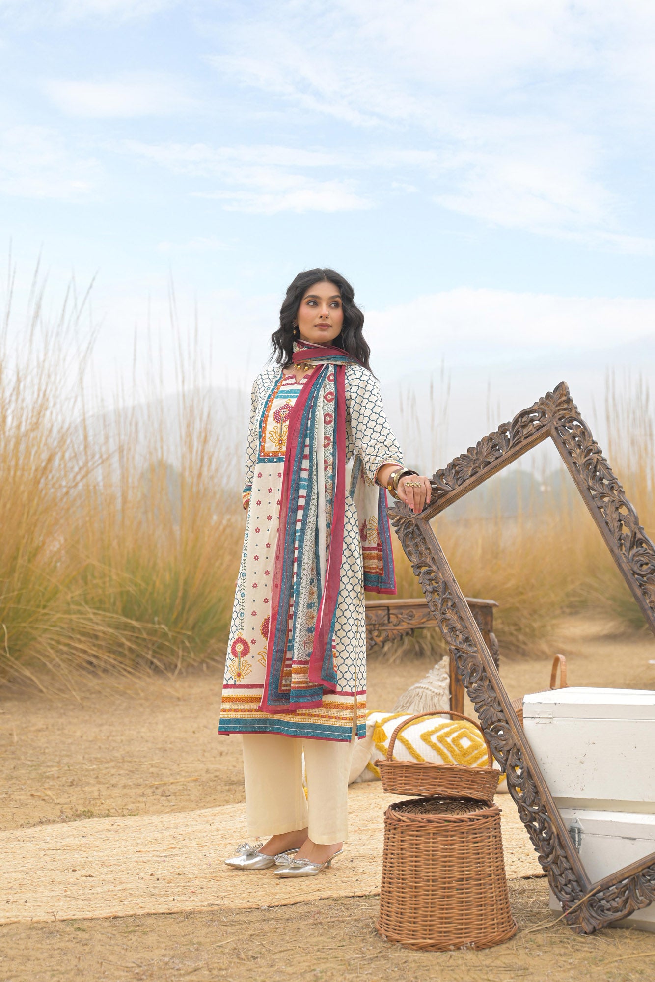 Multi Pure Cotton Ajrakh Printed A-Line Kurta Trouser With Dupatta
