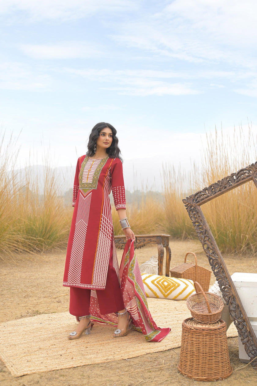 Red Pure Cotton Ajrakh Printed A-Line Kurta Trouser With Dupatta
