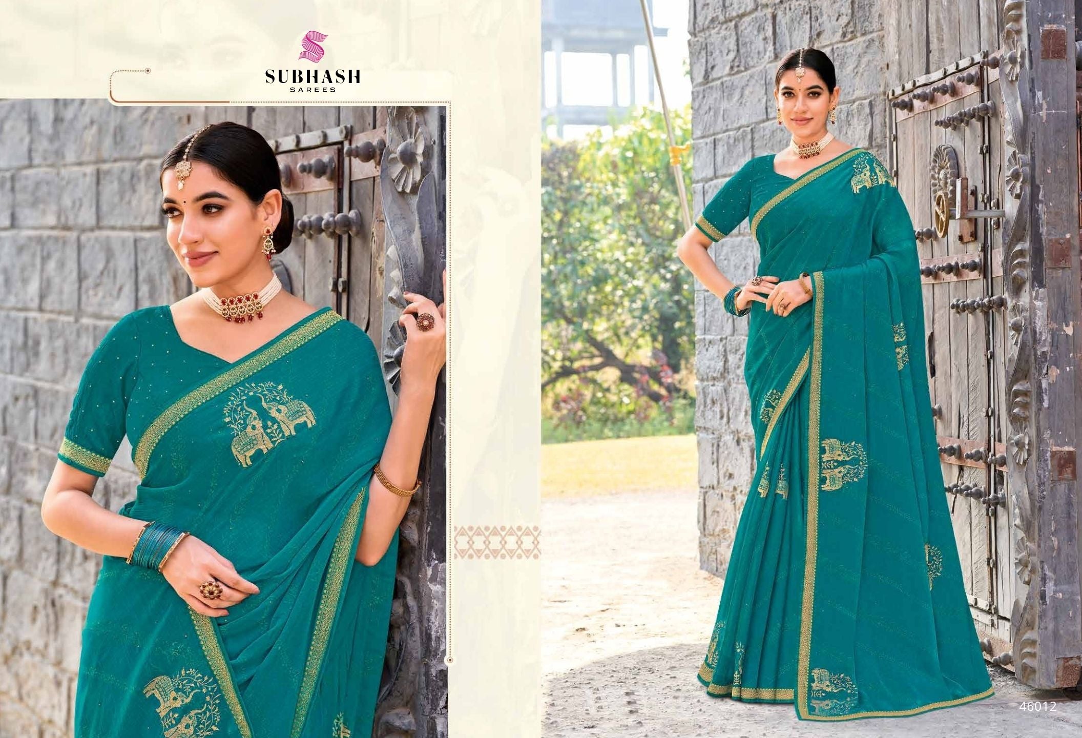 Rakshita: Chiffon Printed Embroidered Sarees with Tusser Silk Blouse