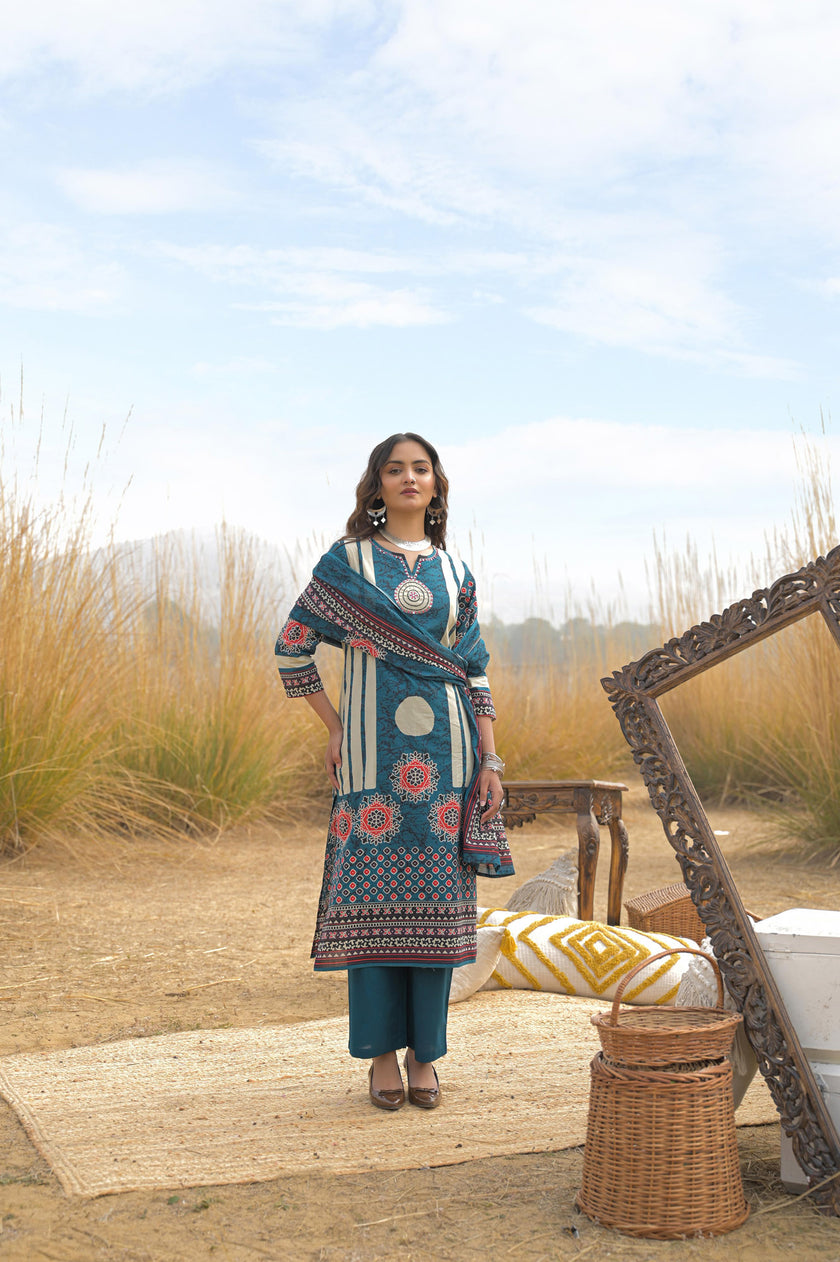 Blue Pure Cotton Ajrakh Printed A-Line Kurta Trouser With Dupatta