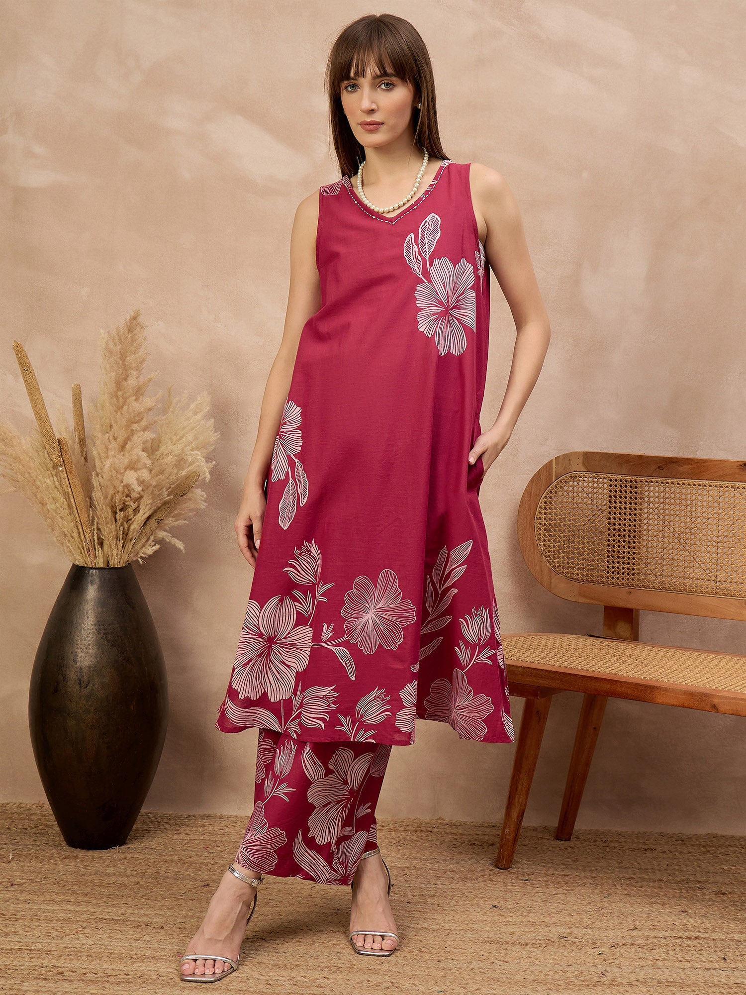 Rose Pure Cotton Floral Printed A-Line Sleeveless Kurta Trouser With Printed Dupatta