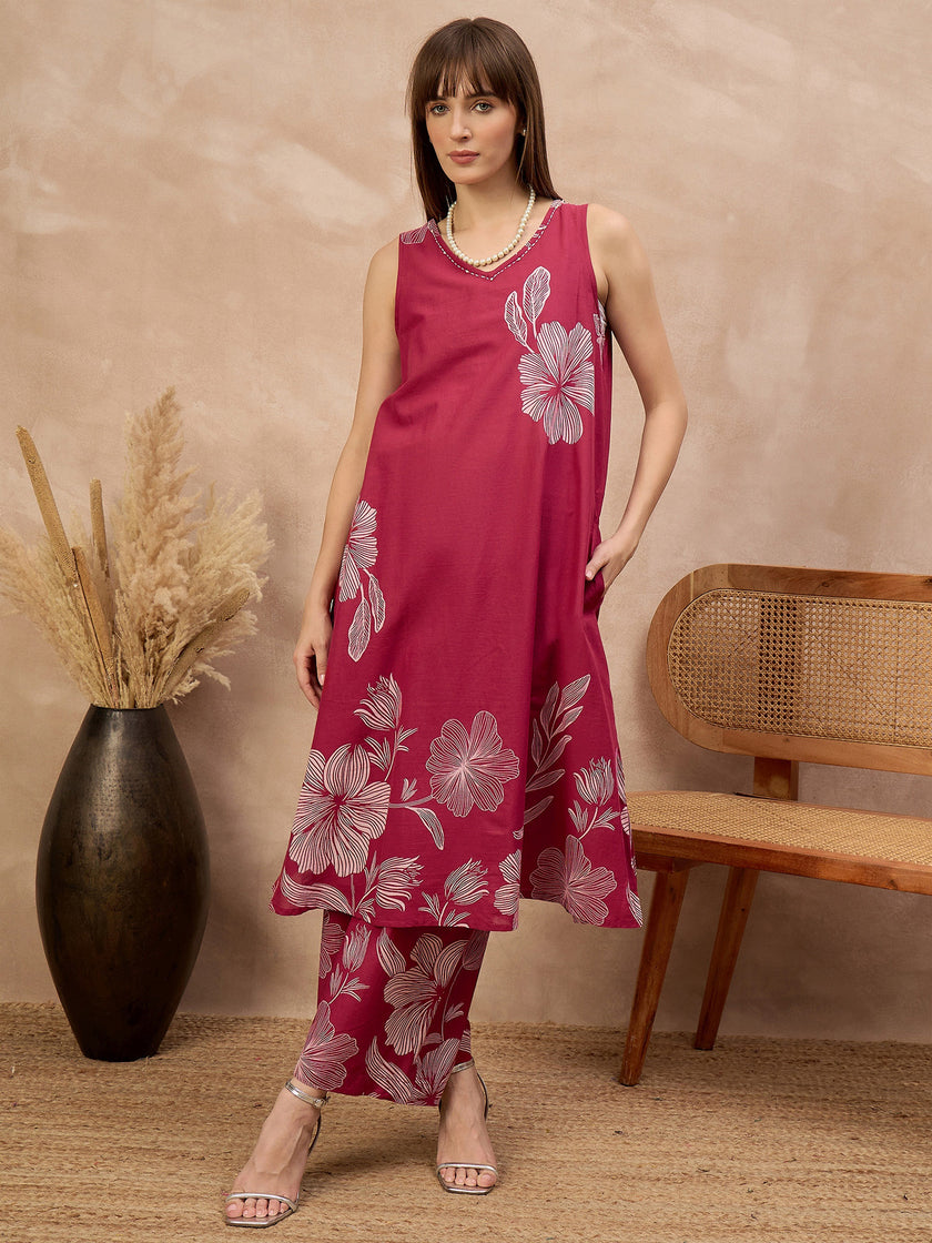 Rose Pure Cotton Floral Printed A-Line Sleeveless Kurta Trouser With Printed Dupatta
