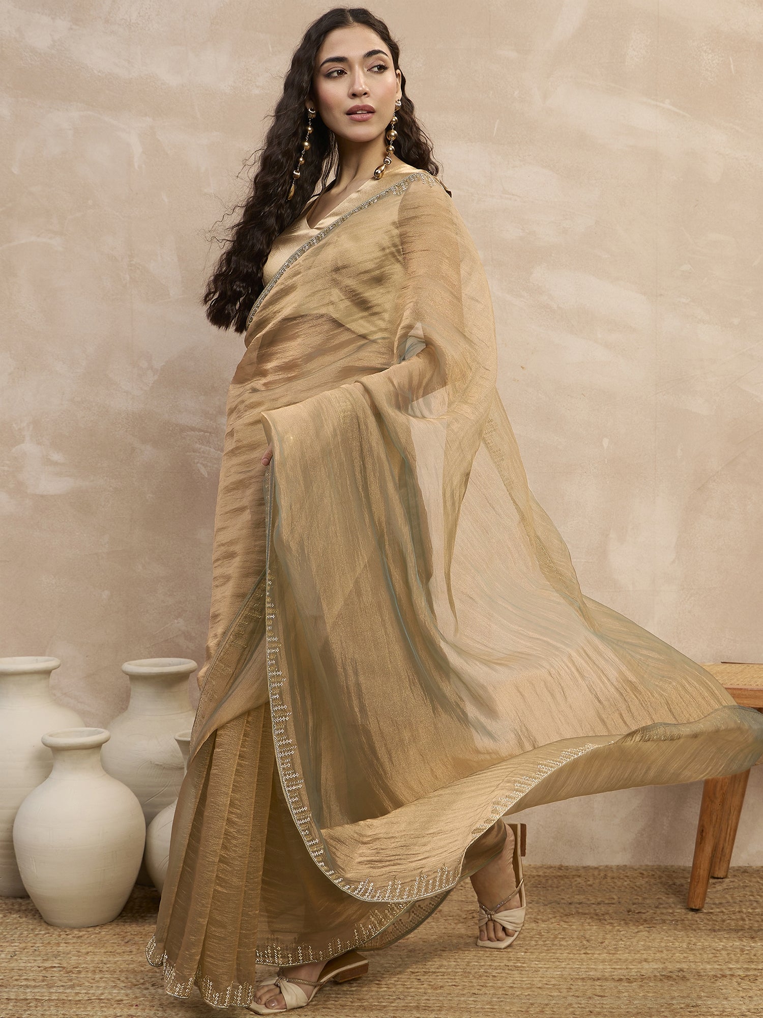 Beige Organza Solid With Stone Work Border Saree with Unstitched Blouse
