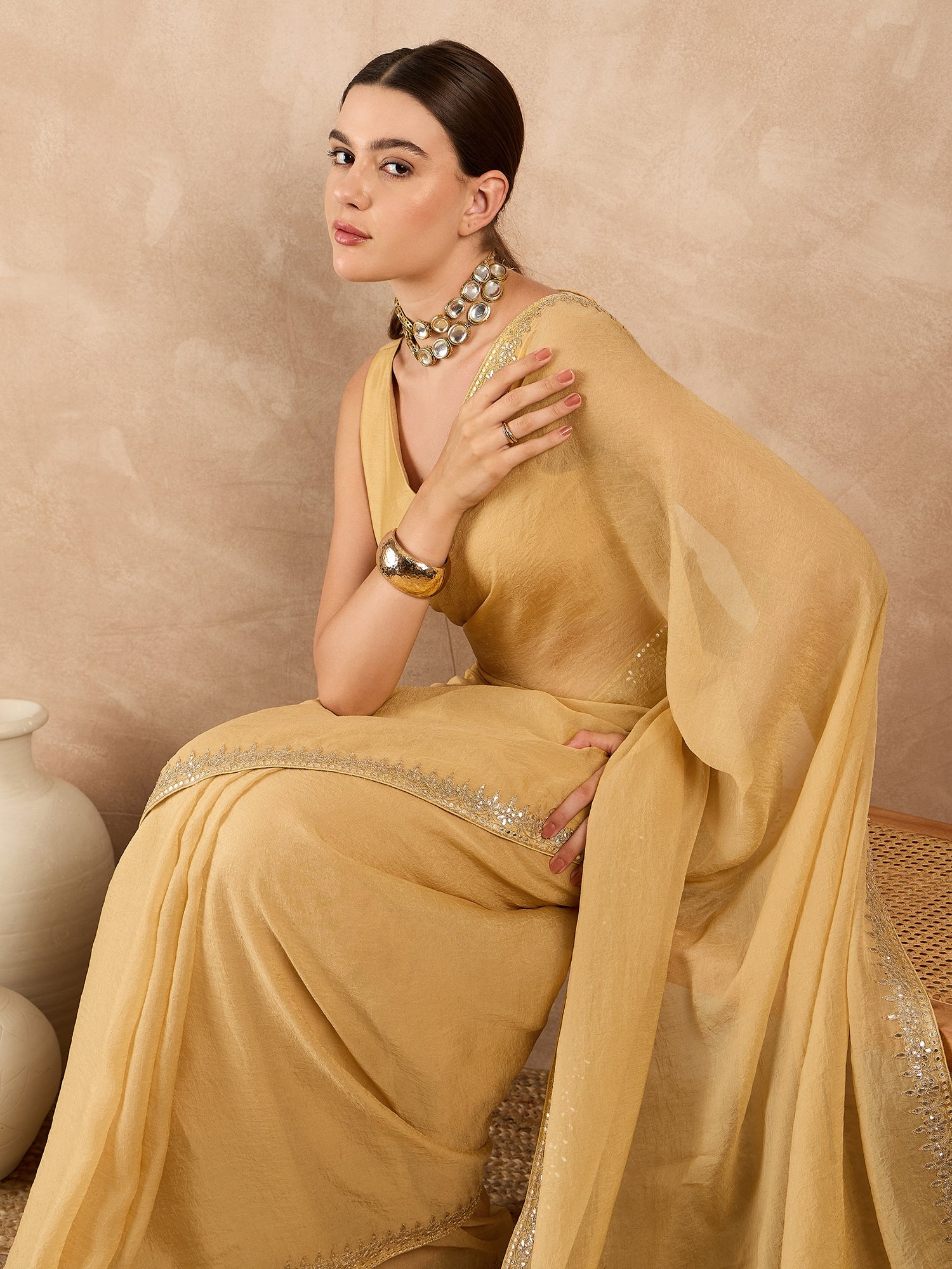 Lemon Organza Solid With Embroidered Border Saree with Unstitched Fancy Blouse