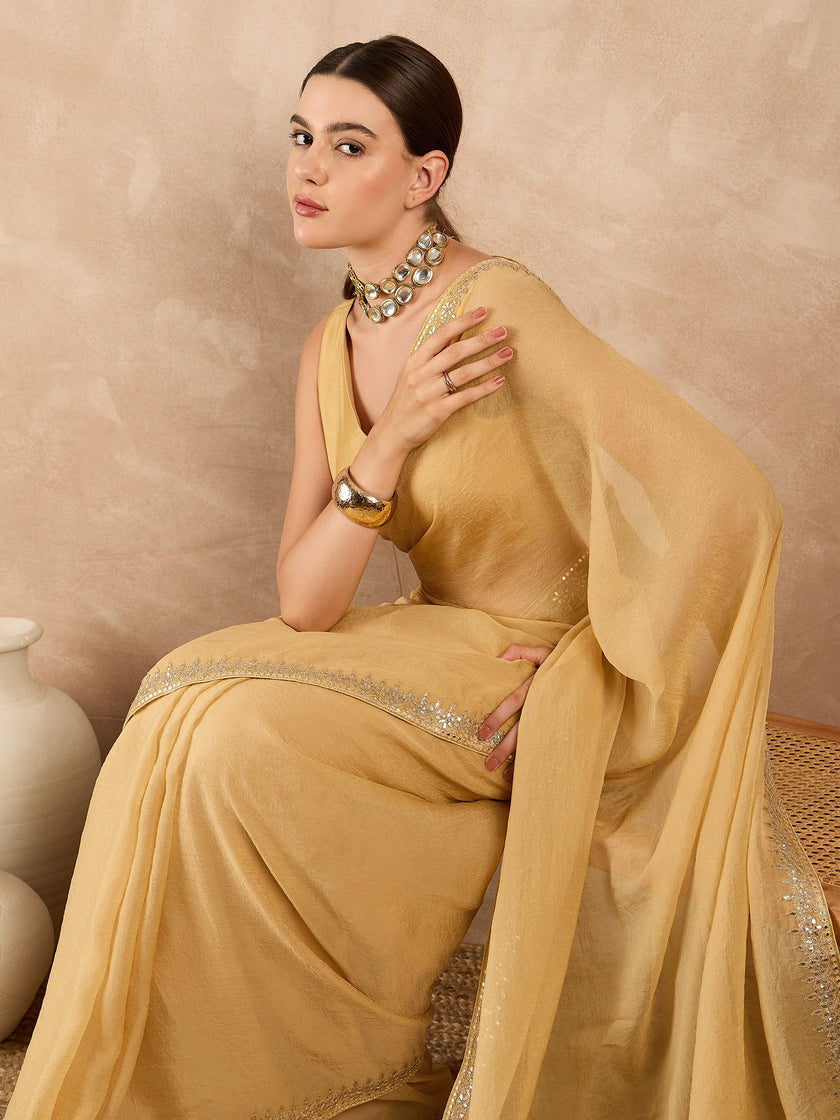 Lemon Organza Solid With Embroidered Border Saree with Unstitched Fancy Blouse
