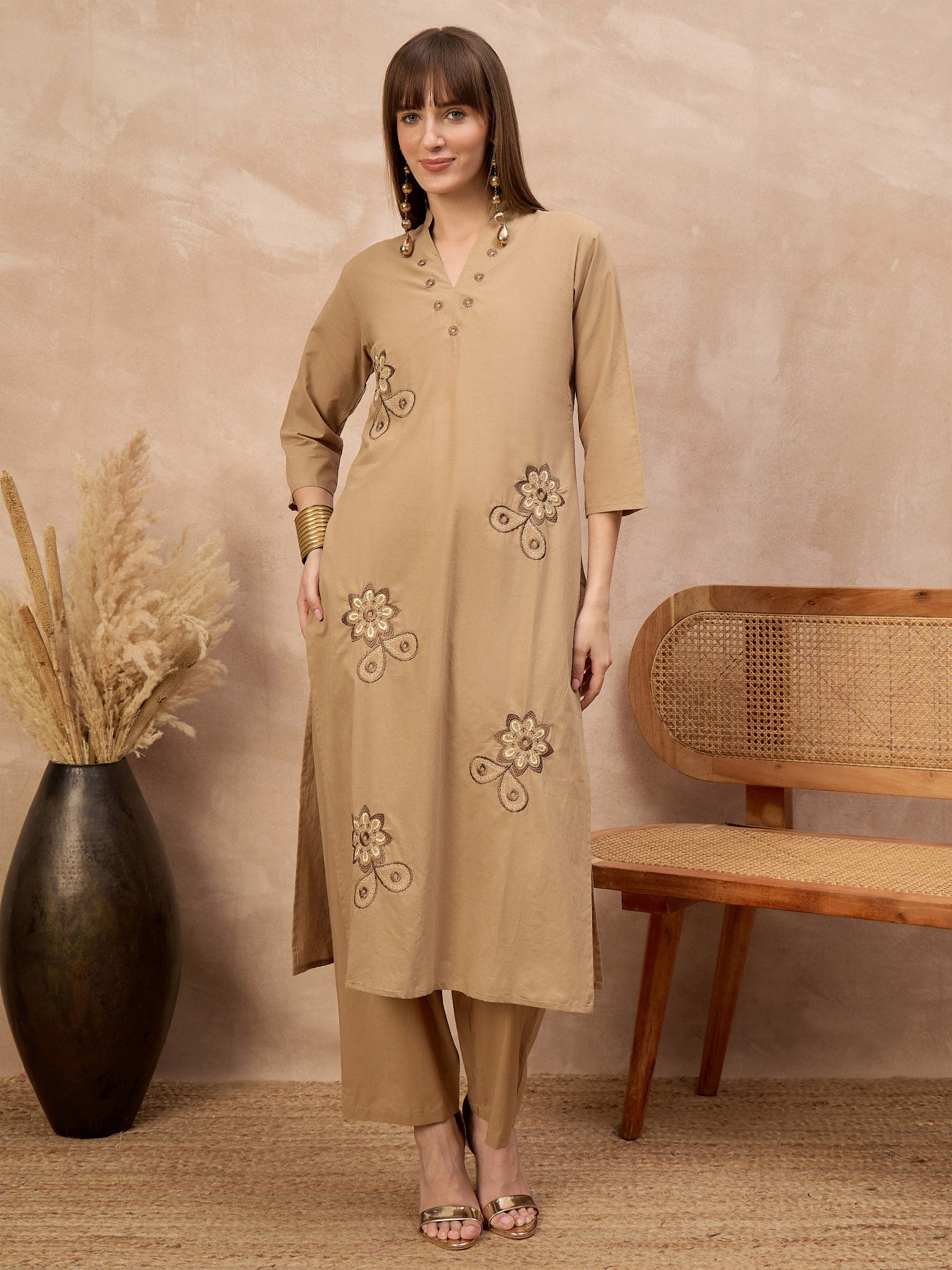 Beige Pure Cotton Floral Embroidered A-Line Kurta Trouser With Dupatta