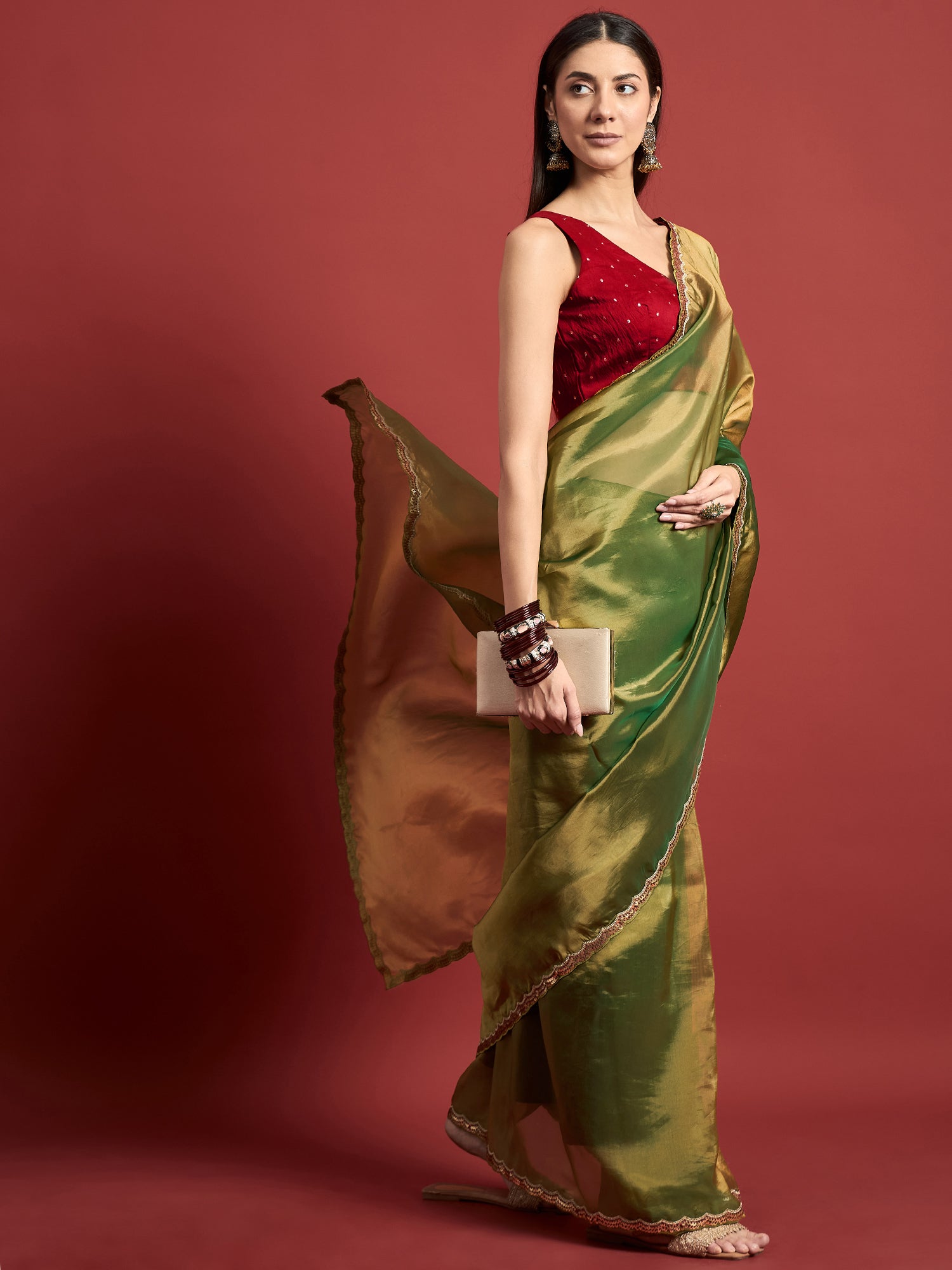 Green Organza Solid With Embellished Lace Saree with Unstitched Fancy Blouse